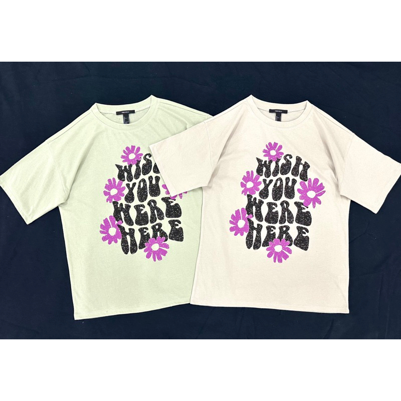 Áo cánh dơi form dài rộng thun cotton in chữ đen bông tím, 2 màu