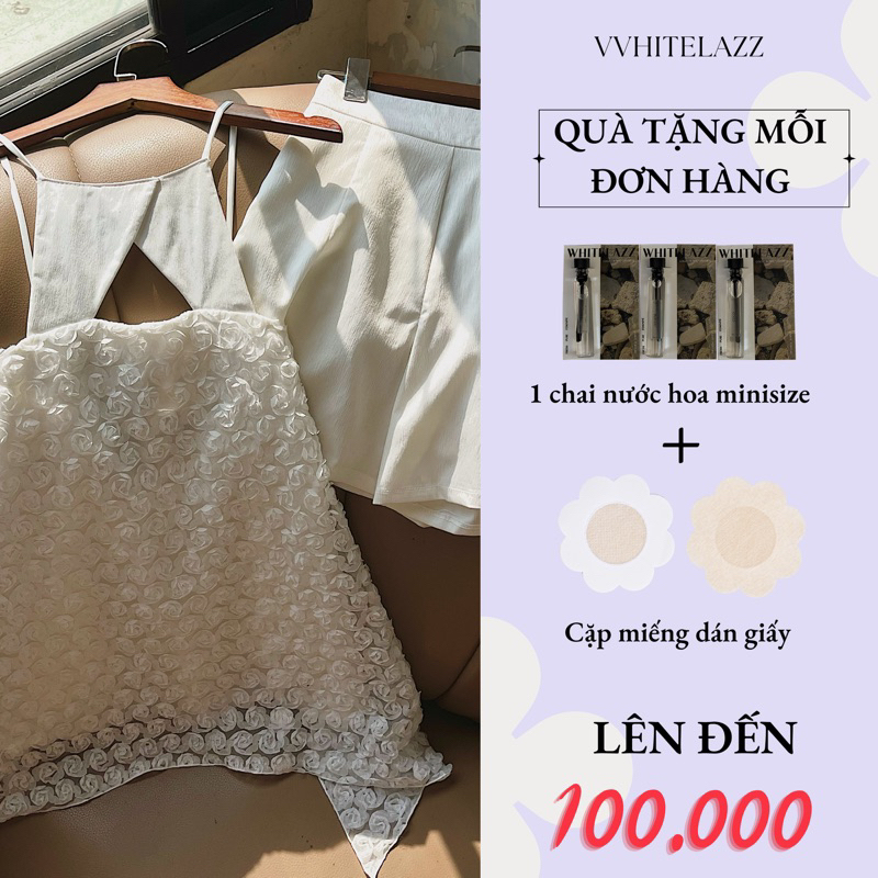 WHITELAZZ │Set áo yếm bạ hoa in nổi 3D và quần short lưng cao dây kéo - Rever Set