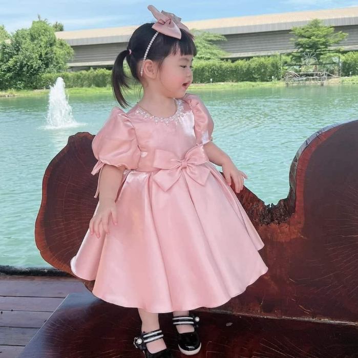 Váy Công Chúa Cộc Tay Phồng Nơ 4 Cánh Đáng Yêu Cho Bé Gái Đi Tiệc, Sinh Nhật