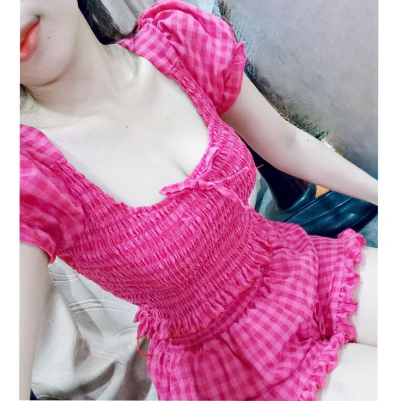 Set ngắn caro nhún tay phồng dễ thương ( ảnh sàn tự chụp )