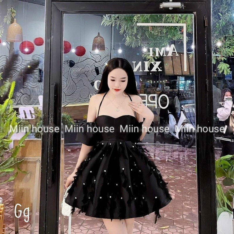 Váy nữ trễ vai, đầm dự tiệc nữ tiểu thư vải tafta mix lông chim dáng ngắn sexy mặc 2 kiểu xinh xắn