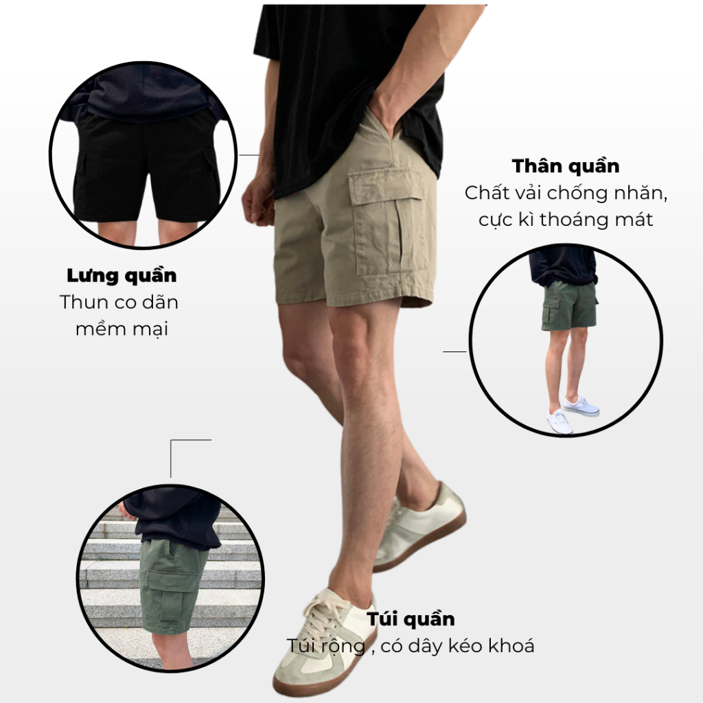 Quần Lửng Nam Kaki Màu Đen, Xanh lá, Kem Quần Short Nam Tập Gym, Chạy Bộ QDHH420 Unichic