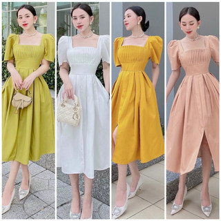 Đầm cổ vuông tùng xoè 4 màu