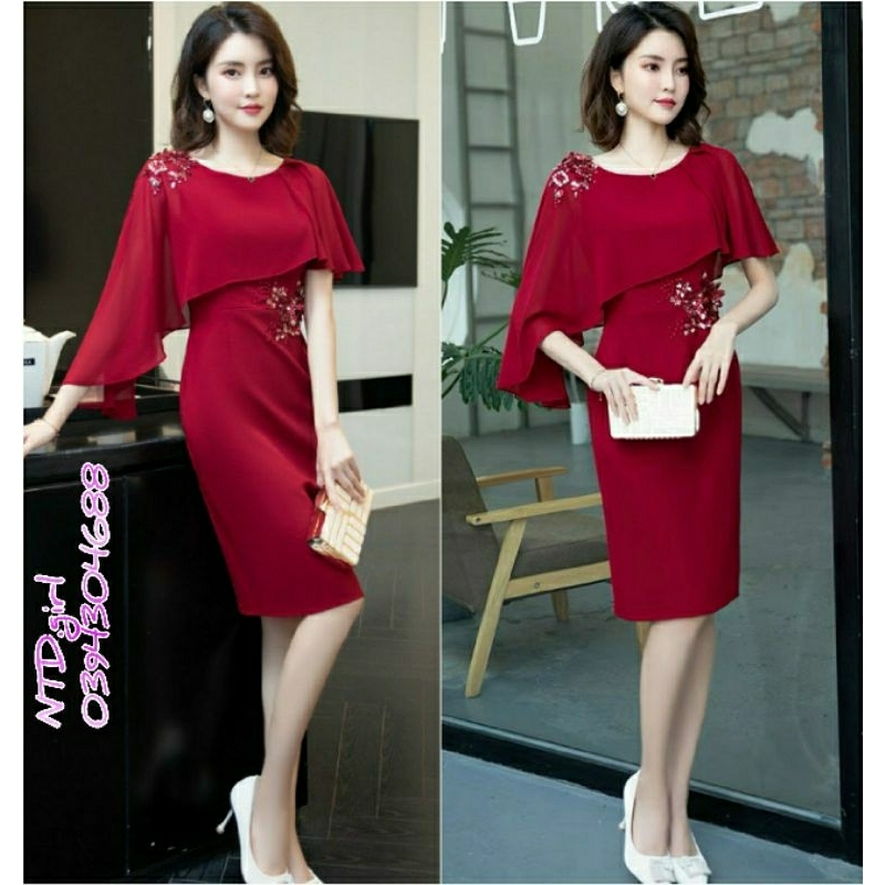 Hàng nhập - Đầm dự tiệc dáng ôm xô lụa vai choàng, váy body tay ngắn đính hoa kim sa