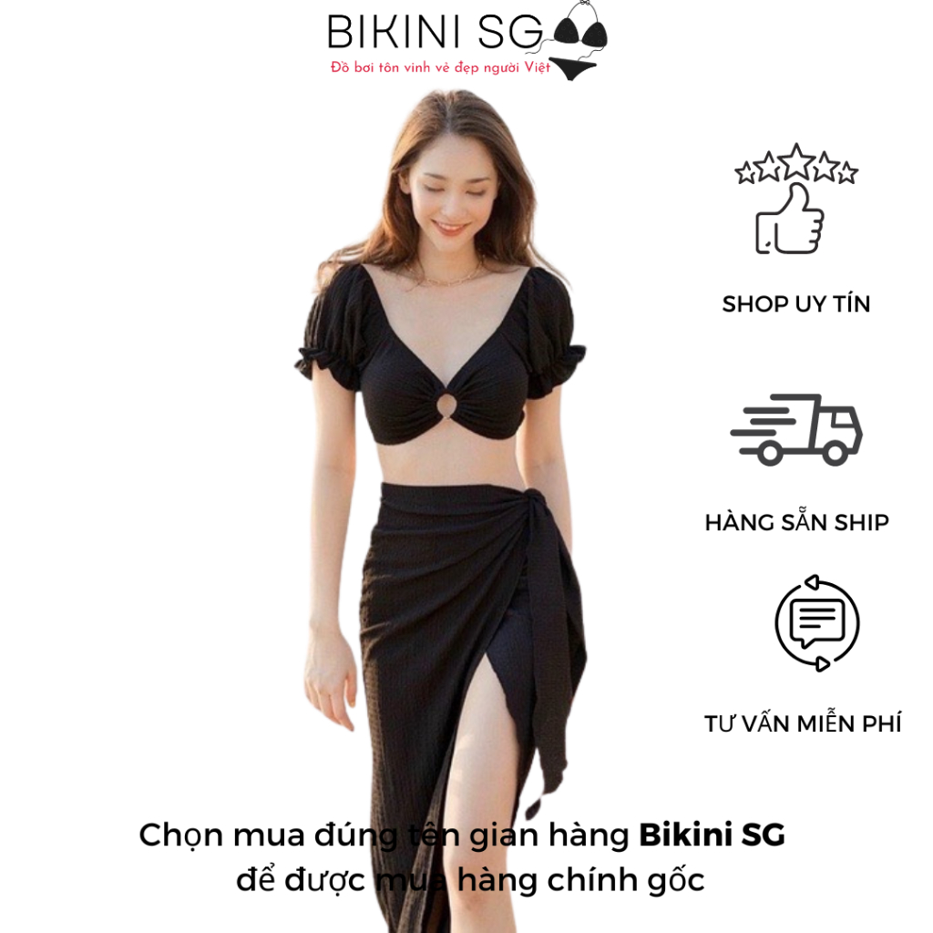 Sét đồ bơi nữ váy dài 3 món croptop tay bo khoen tròn áo tắm đủ màu đi biển đẹp BIKINI SG