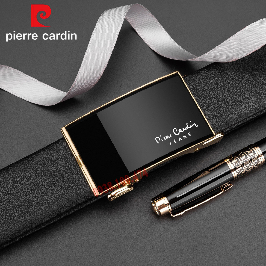 Thắt lưng Pierre Cardin chính hãng mặt khóa tráng gương viền vàng sang trọng khóa kéo rút tự động dây da bò thật
