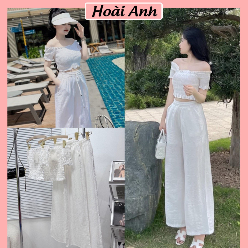 Set Bộ Đũi Trắng Áo Croptop Ôm Body Bệt Vai Mix Quần Suông Ống Rộng Đi Biển