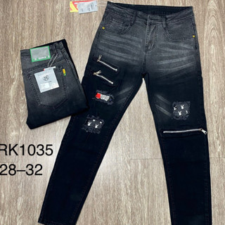 quần jean nam dài đen rách vá thỏ khóa kéo gối kiểu đẹp, ống côn chất jean co giãn bền màu