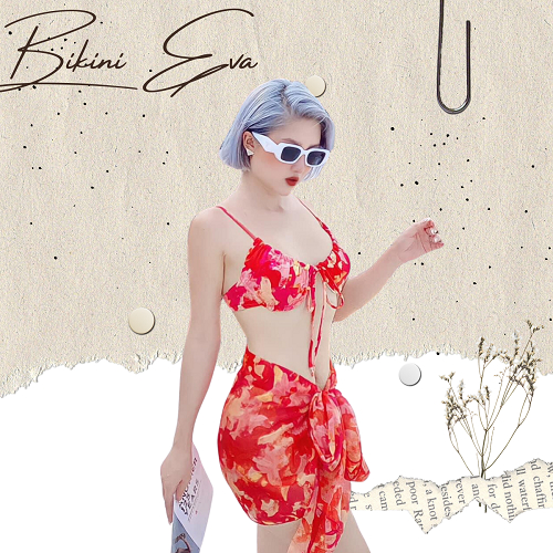 Bikini bộ bơi đồ bơi nữ set 3 chi tiết gọng nhún ngực họa tiết lá loang đỏ kèm khăn S3MLD