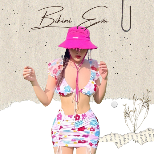 Bikini bộ bơi đồ bơi nữ váy rút kèm quần và áo phối tay voan họa tiết hoa EVA VRTVH