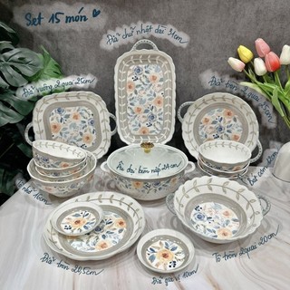 Set bát đĩa gốm sứ 15 món,bộ chén đĩa hoa hồng phong cách bắc âu