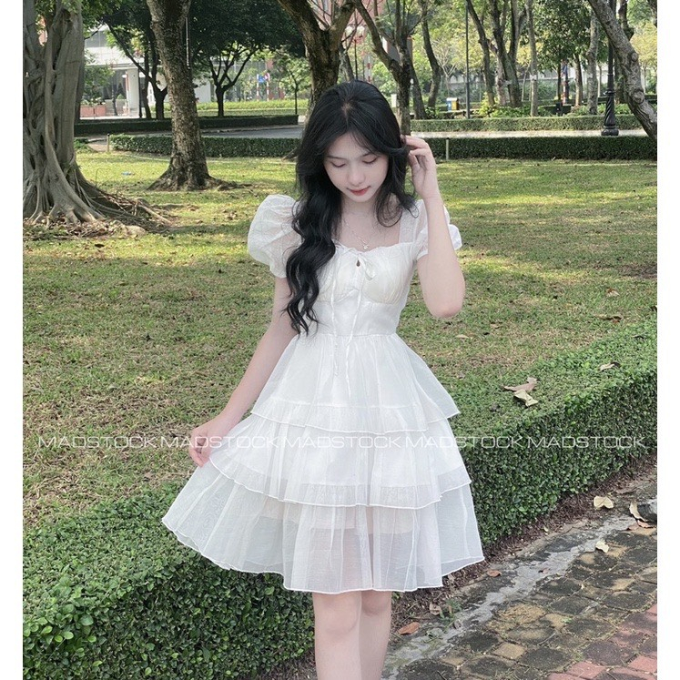 Váy babydoll dáng dài tay phồng 3 tầng cổ vuông tay bồng thắt dây-đầm dự tiệc đi chơi sang trọng màu trắng hàn quốc,AMEE