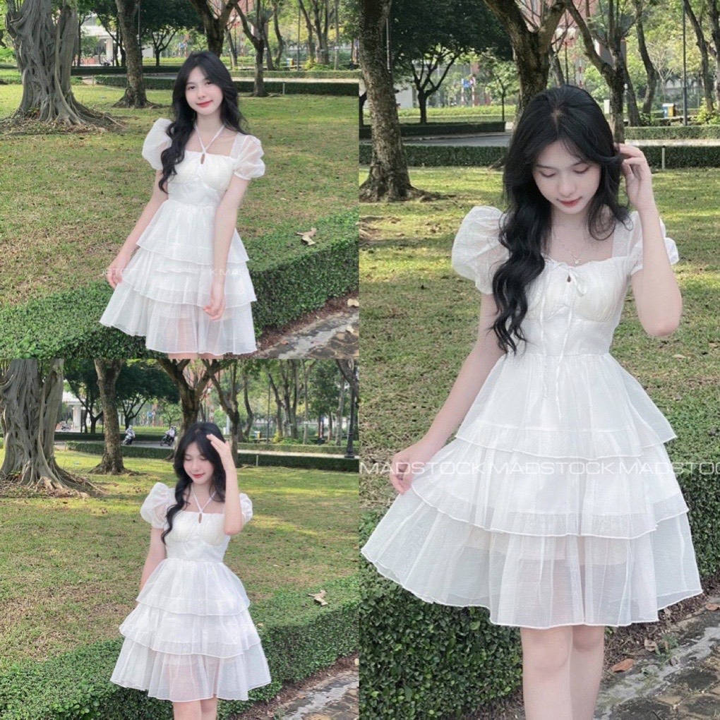 Váy babydoll dáng dài tay phồng 3 tầng cổ vuông tay bồng thắt dây-đầm dự tiệc đi chơi sang trọng màu trắng hàn quốc,AMEE