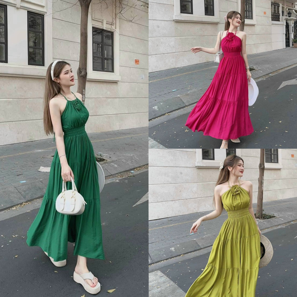 Đầm váy nữ maxi cổ yếm có bông cổ bo eo siêu xinh xắn, với các tone màu sang chảnh, tôn da thích hợp đi dự tiệc, đi biển