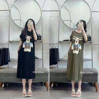 Đầm suông chất cotton cổ tròn in hoạ tiết chú cún freesize dáng dài - Đầm ngủ thun co dãn from rộng hình bé chó xinh
