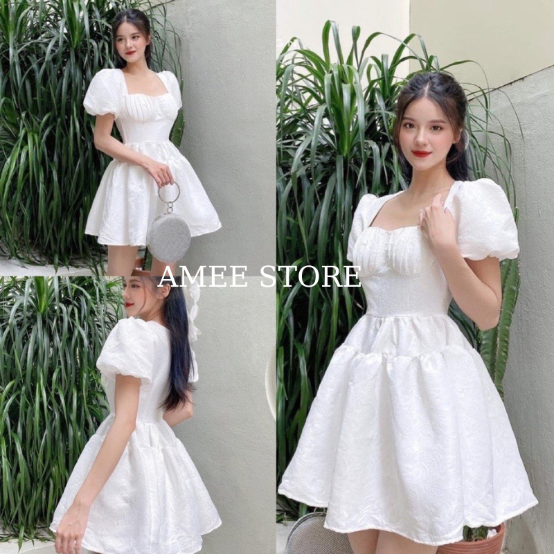 Váy tiểu thư dáng xòe, trắng váy cúp ngực cổ vuông tay bồng đầm dự tiệc đi chơi sang trọng, đầm dự tiệc công chúa AMEE
