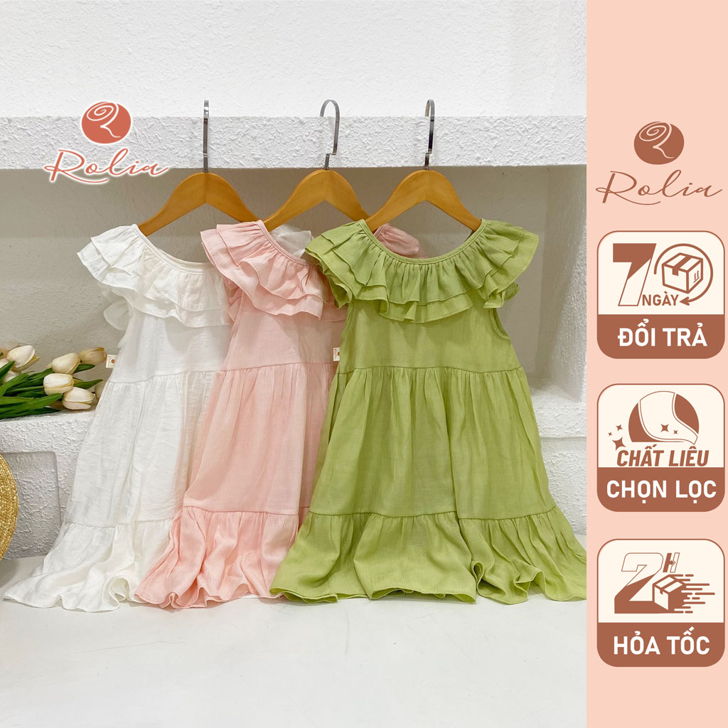 Váy cổ bèo cánh tiến ROLIA mặc ngày hè cho bé chât đũi mềm mát nhẹ có size từ 2-10 tuổi V160