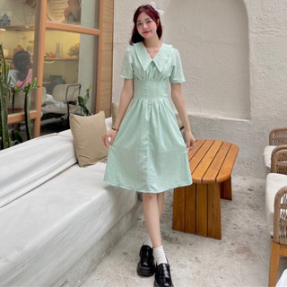 Đầm midi cổ bẻ xếp ly eo xoè