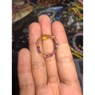 Nhẫn HandMade co dãn đá thanh tẩy Natural Tourmaline đa sắc mix hạt Amber vàng