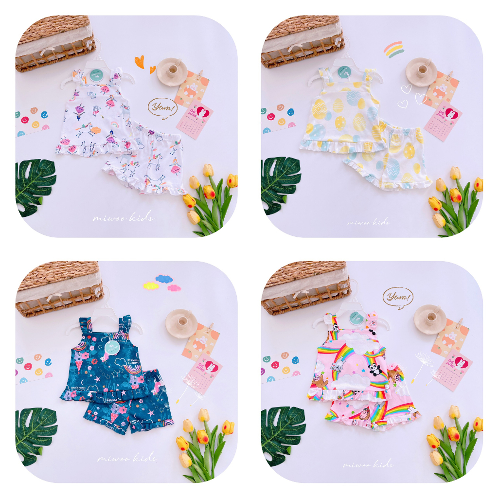 Set bộ thun đùi 2 dây cánh tiên hãng Miwoo kids họa tiết so cute cho bé gái bảng 2 (ảnh thật)