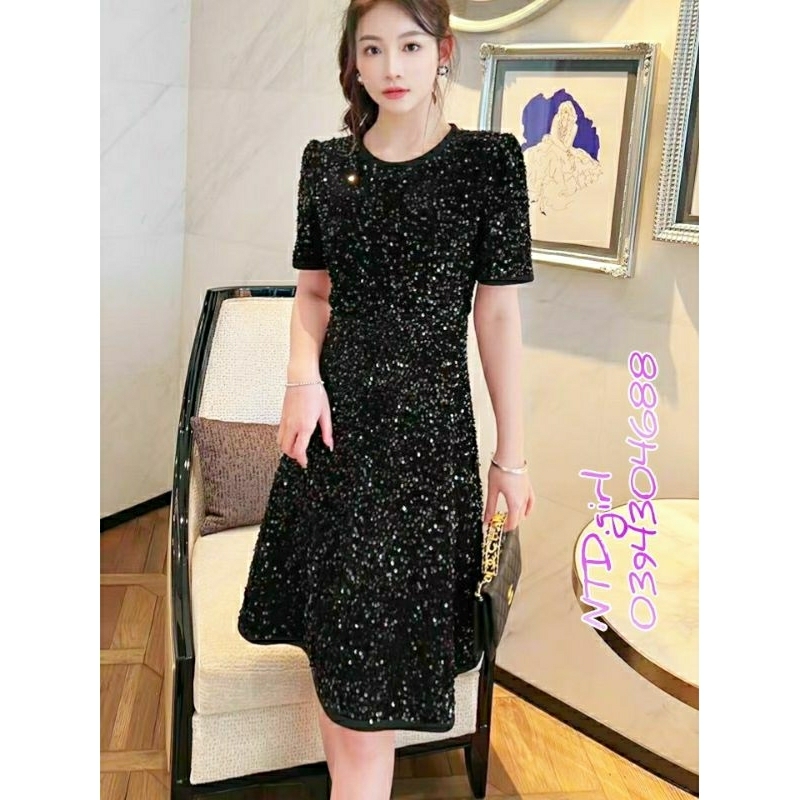 Hàng nhập - Đầm dáng suông ren hoa phủ kim sa, váy xuông dự tiệc cổ tròn tay ngắn đính phụ kiện