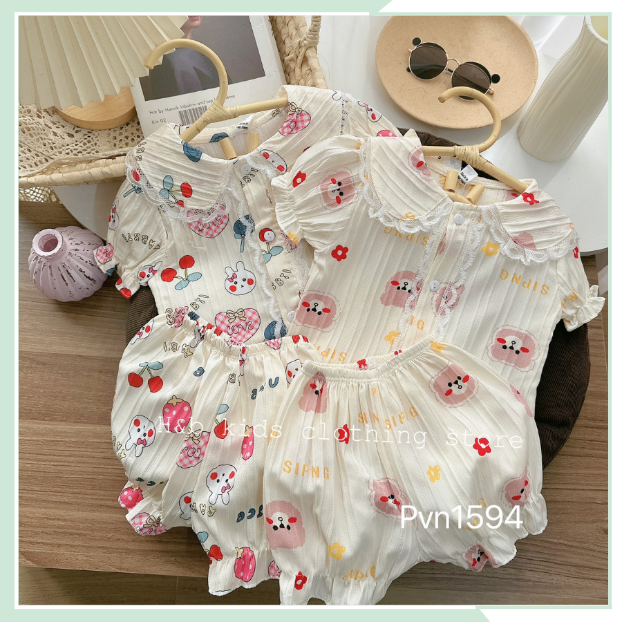 Bộ đồ bé gái, set bộ mặc nhà cổ sen phối ren tay bồng vải đũi xốp mềm mát mùa hè cho bé BBG58