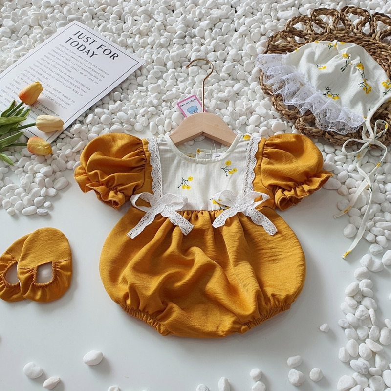 Body lụa vàng hoạ tiết quả cherry phối nơ bé gái 3 - 12kg chất lụa ướt phối linen bột