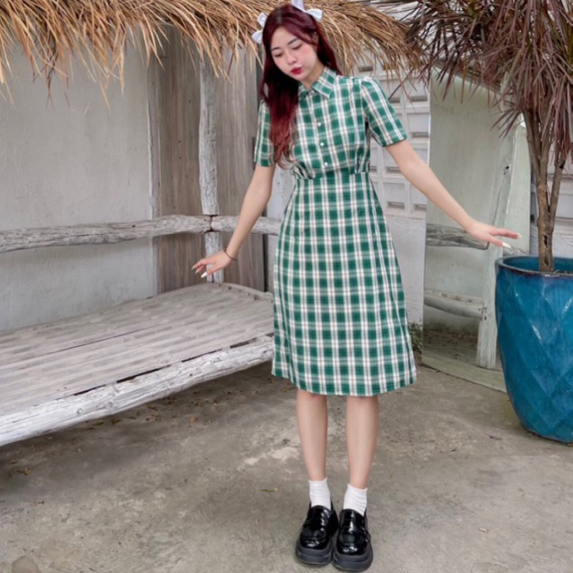 ĐẦM MIDI CỔ SƠ MI FORM A CARO