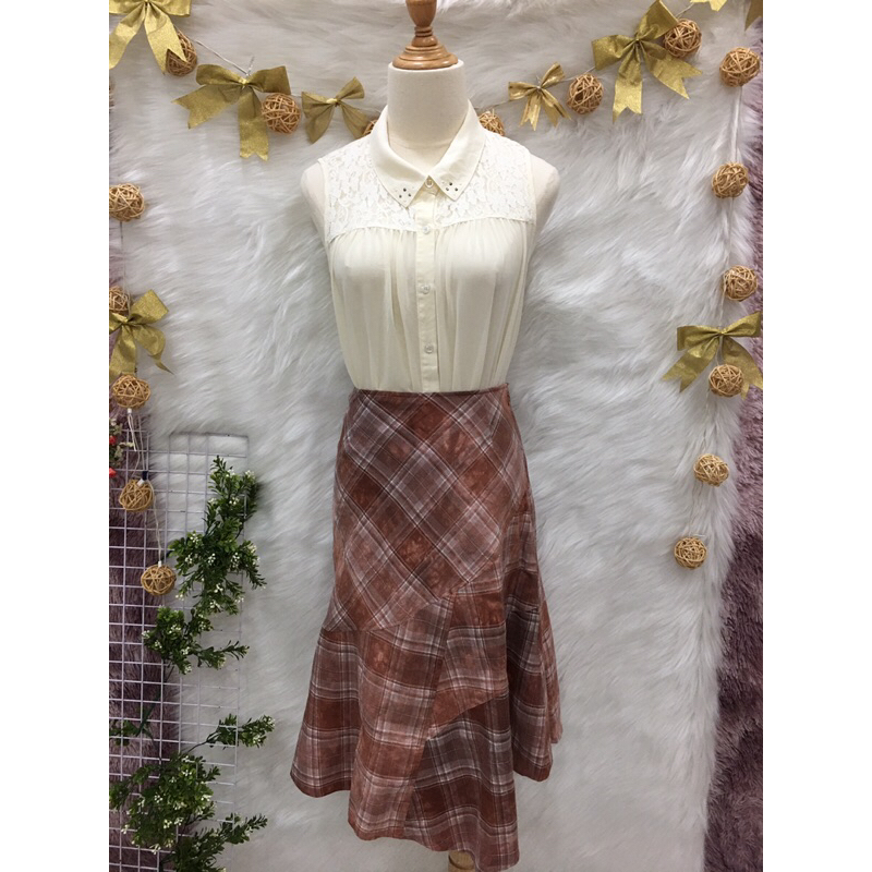 Chân Váy vintage Nhật 2 hand hiệu  priverite, Size S -họa tiết sọc ca rô