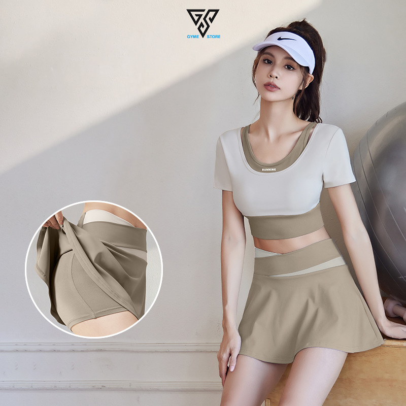 Bộ Quần Áo Tập Gym Yoga Nữ Chân Váy Ngắn Thể Thao Kết Hợp Áo Crotop