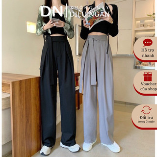 Quần suông xếp ly bản to lưng cao thắt dây nơ, Quần ống rộng thắt dây nơ xếp ly