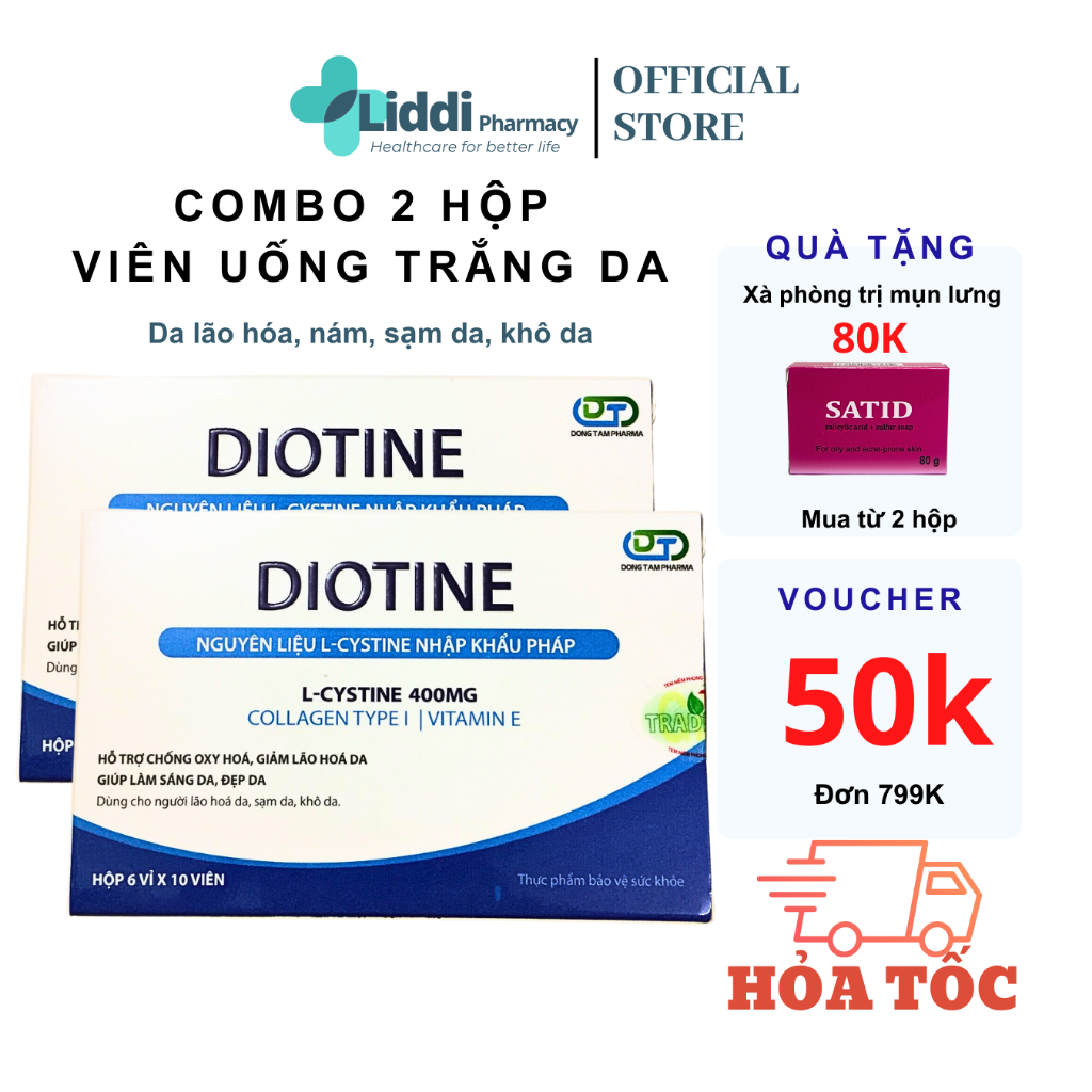 Combo 2 hộp Viên uống trắng da, giảm sạm da, chống lão hóa Diotine hộp 60 viên