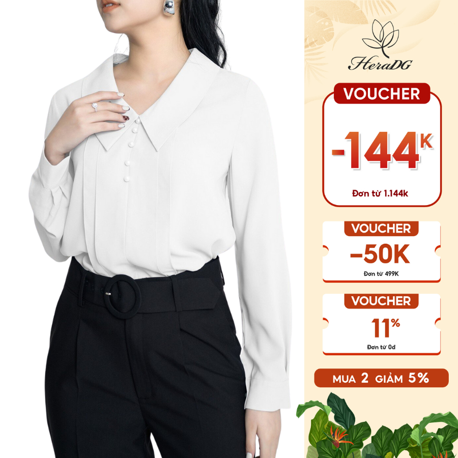 Áo sơ mi kiểu nữ dài tay HeraDG lá cổ đính cúc trang trí SAKBA083