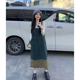 Yếm váy bò nữ dáng dài, yếm denim gấp gấu dáng rộng hai dây retro cổ điển phong cách Hàn Quốc có bigsize