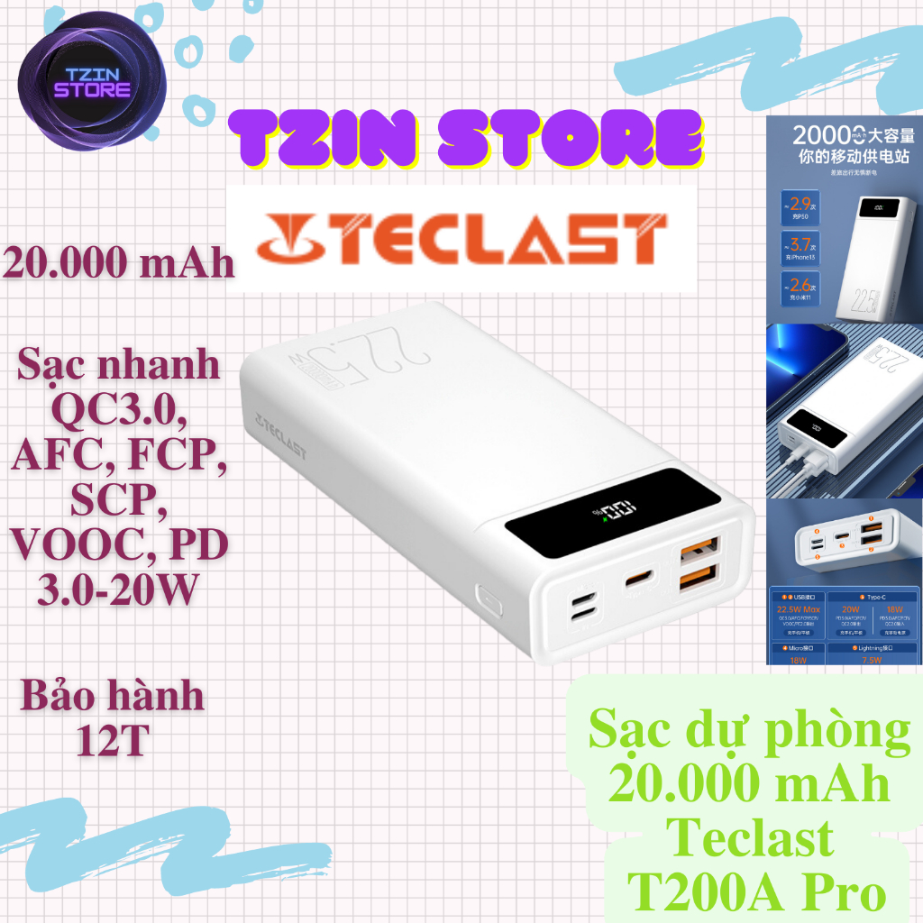 Sạc dự phòng Teclast T200A Pro 20.000mAh 22,5W sạc nhanh QC 3.0 SCP, FCP, VOOC, PD 20W