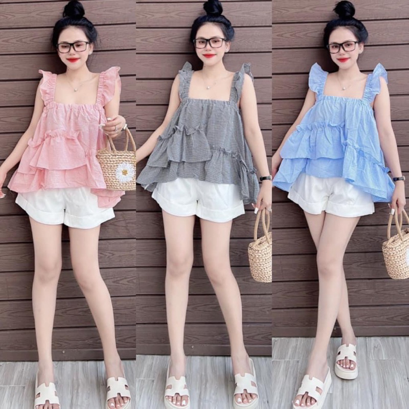 Áo 2s Kẻ Cánh Tiên Babydoll Bèo Tầng Cổ Vuông 3 Màu Kèm Ảnh Thật Lekemqc