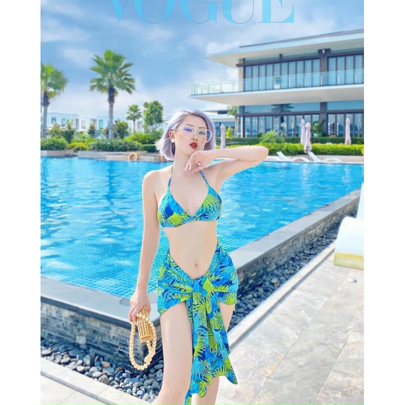 Bikini nữ áo tắm tam giác mix quần chip hoạ tiết lá xanh dương sành điệu (tặng kèm khăn voan quấn)