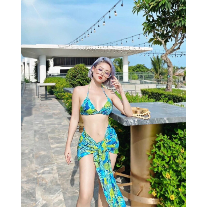 Bikini nữ áo tắm tam giác mix quần chip hoạ tiết lá xanh dương sành điệu (tặng kèm khăn voan quấn)