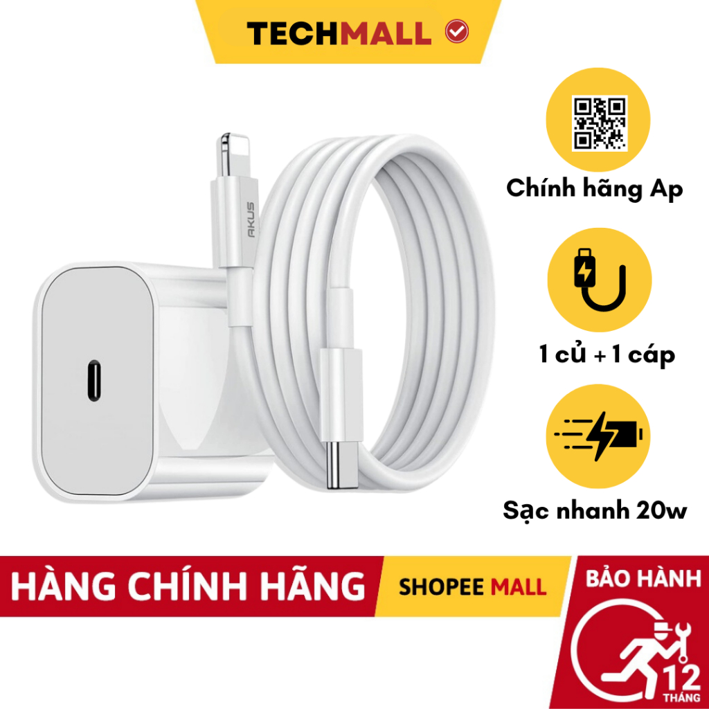Bộ Củ Cáp Sạc Nhanh PD 20W sạc ổn định an toàn cho điện thoại ip 6 đến 13 pro max- TECHMALL