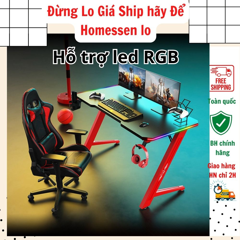 Bàn gaming chơi game sợi carbon LED RGB, Bàn máy tính làm việc thông minh khung thép carbon cao cấp 