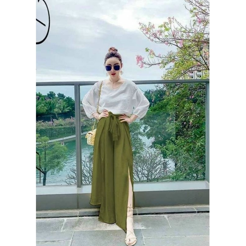 Set mẹ bé bộ dài chất đũi cao cấp áo trắng quần xanh