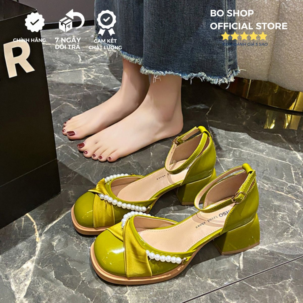 Giày búp bê Lolita nữ 5 cm mũi tròn sợi ngọc sang trọng dây quai cài ngang đế chống trơn trượt 8091 BO SHOP