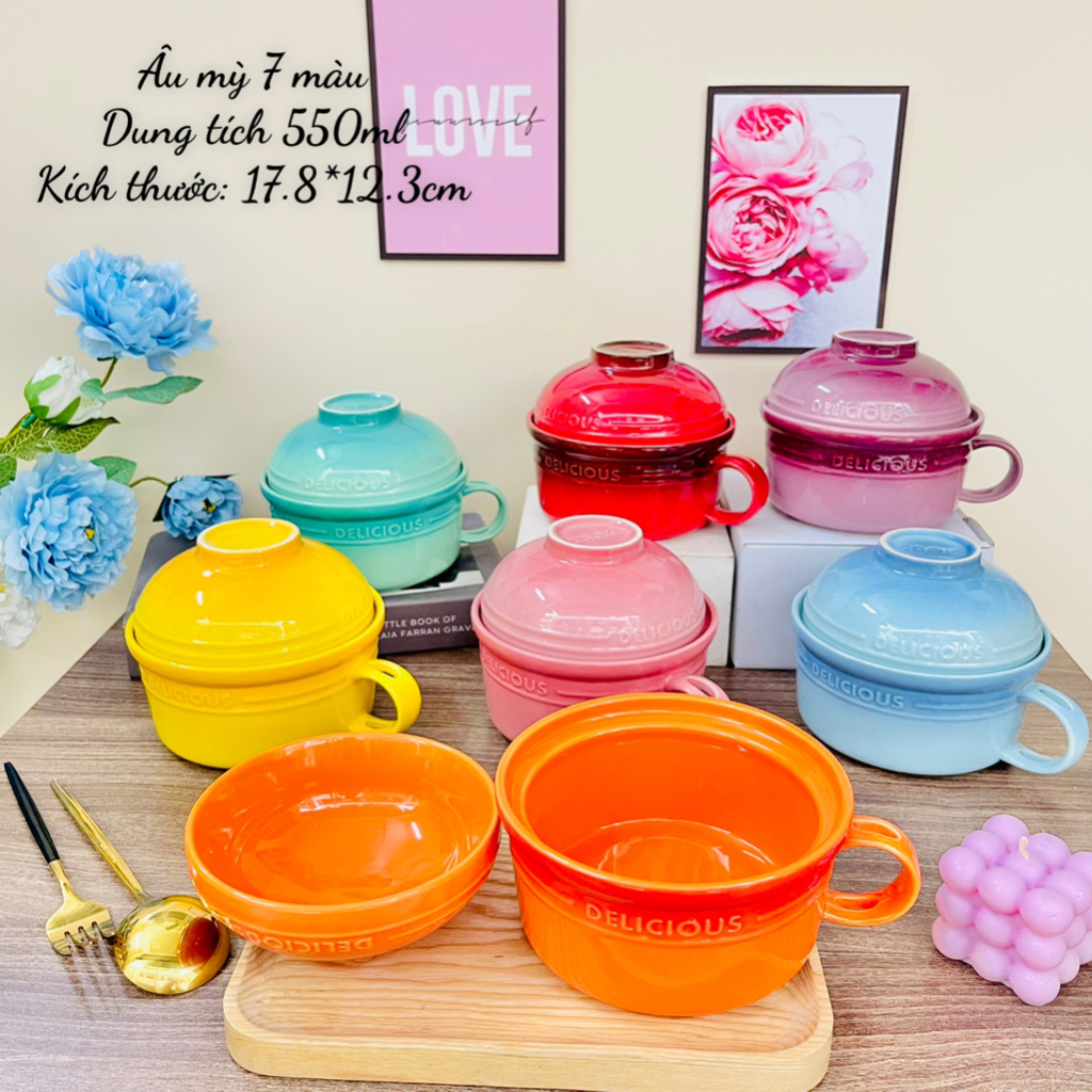 Tô sứ/ Bát sứ úp mì có nắp - Tô mỳ 7 sắc cầu vồng siêu đẹp