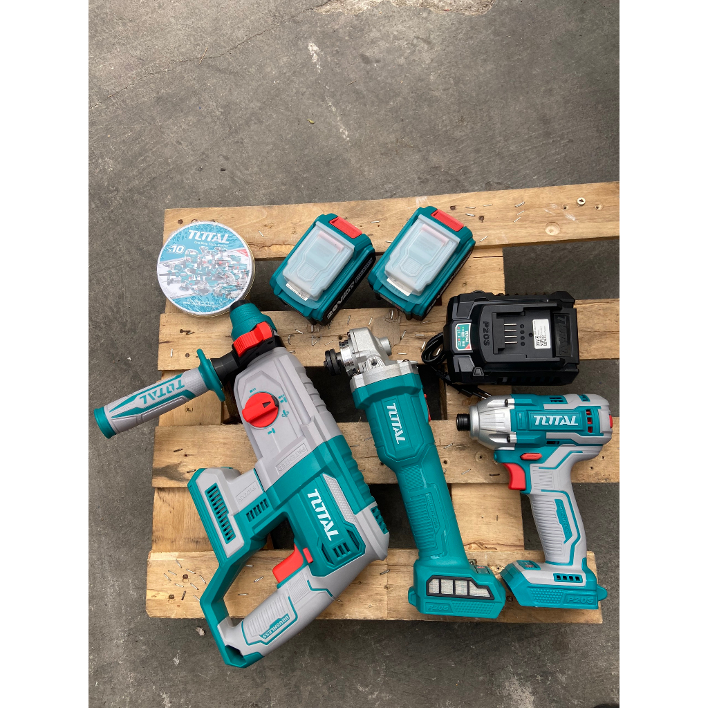 TOSLI2301510 Combo 3 máy Khoan Bê Tông - Chuyên Vít - Máy Mài Kèm 2 Pin 4Ah 1 Sạc Và Phụ Kiện TOTAL