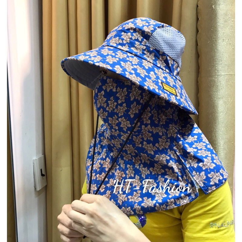Nón mũ chống nắng vành rộng kèm khẩu trang vải cotton có khoá kéo tiện dụngo