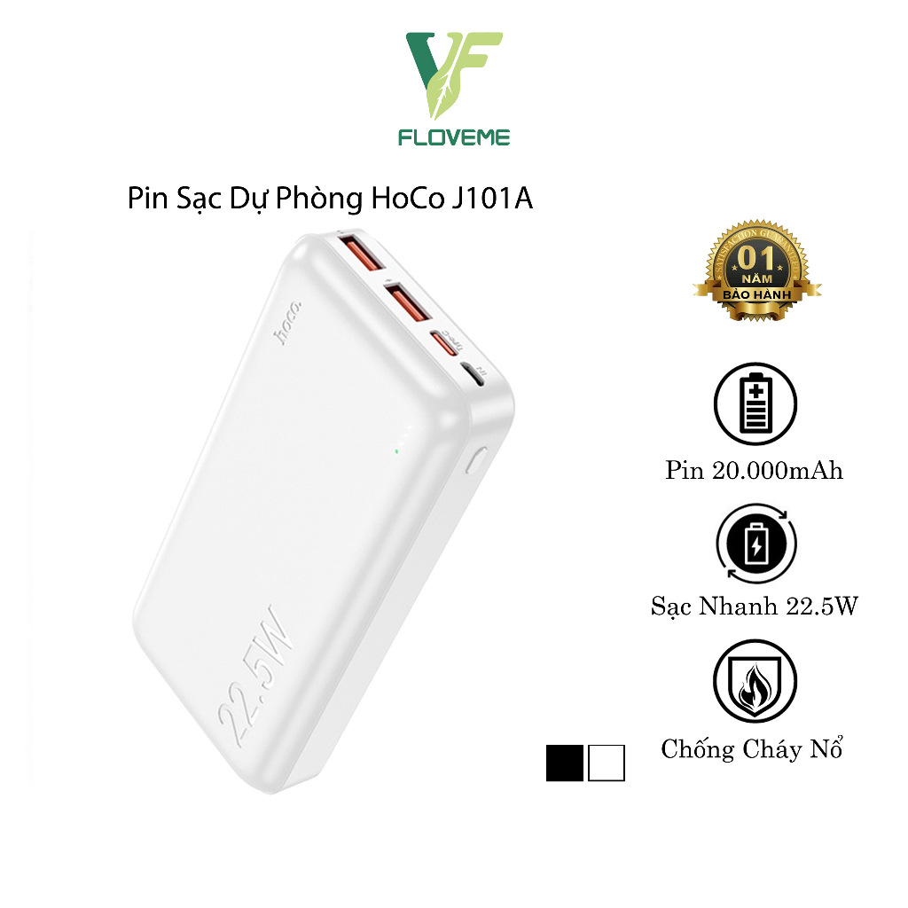 Pin Sạc Dự Phòng Hoco J101/J101A/J101B, Hỗ Trợ Sạc Nhanh 22.5w, Tự Ngắt Khi Quá Tải , Quá Nhiệt, Vỏ Chống Cháy.