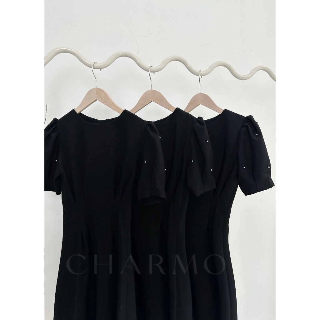 Đầm thiết kế CHARMO cổ tròn nhún ngực tay phồng Pleated Line Dress