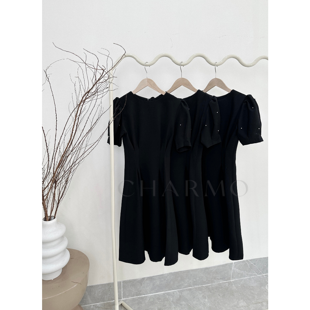 Đầm thiết kế CHARMO cổ tròn nhún ngực tay phồng Pleated Line Dress