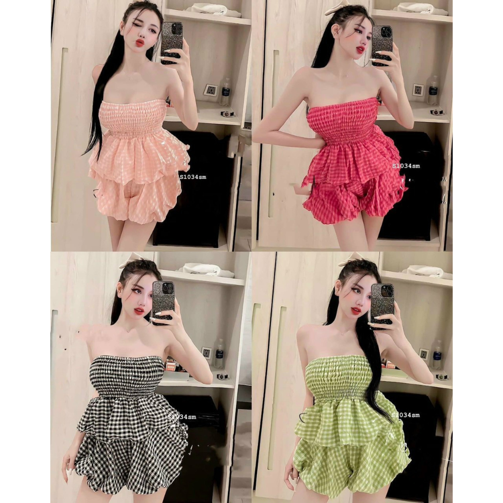 Sét bộ áo ống cúp ngực phối quần đùi bí bồng màu caro xinh xinh , chất kate dày dặn mềm mịn