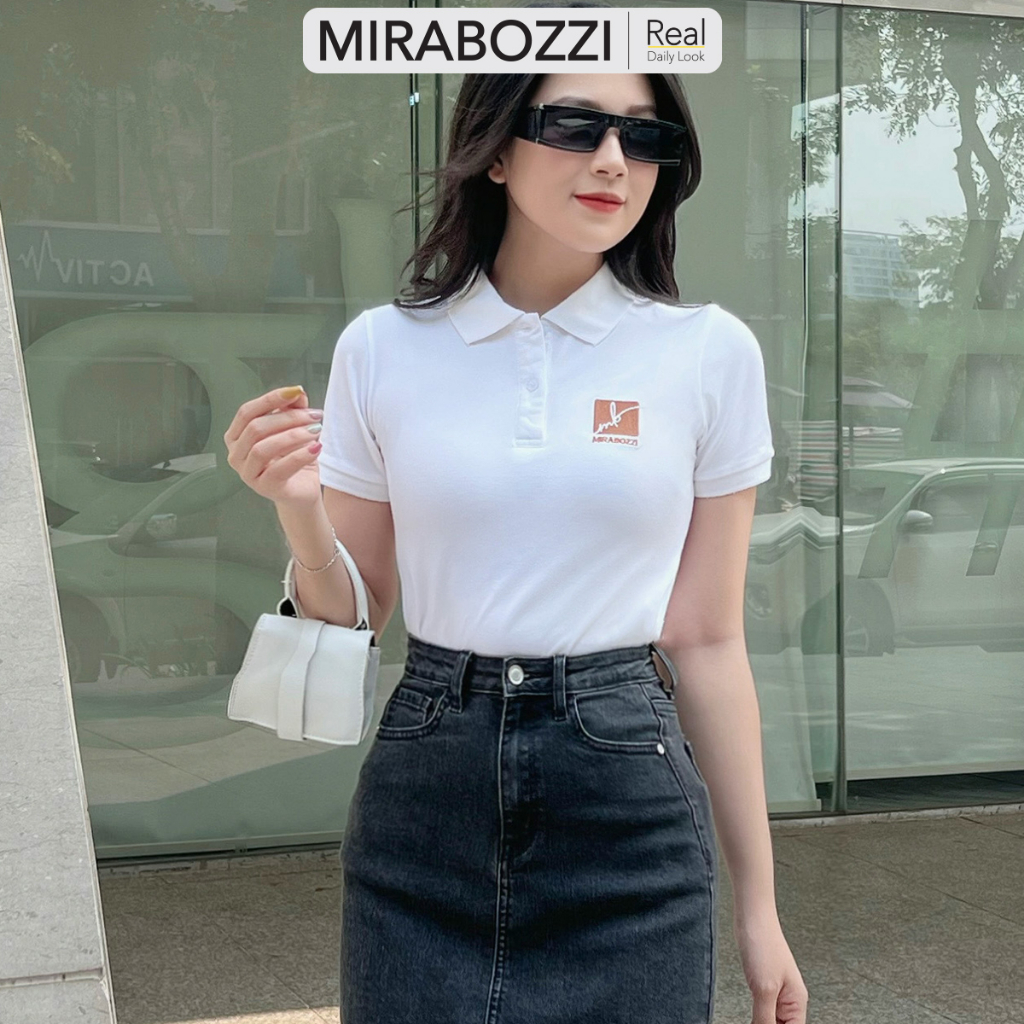 Áo polo nam nữ đẹp thêu Signature MIRABOZZI chất vải cotton mềm mịn, vải 4 chiều, màu trắng / vàng